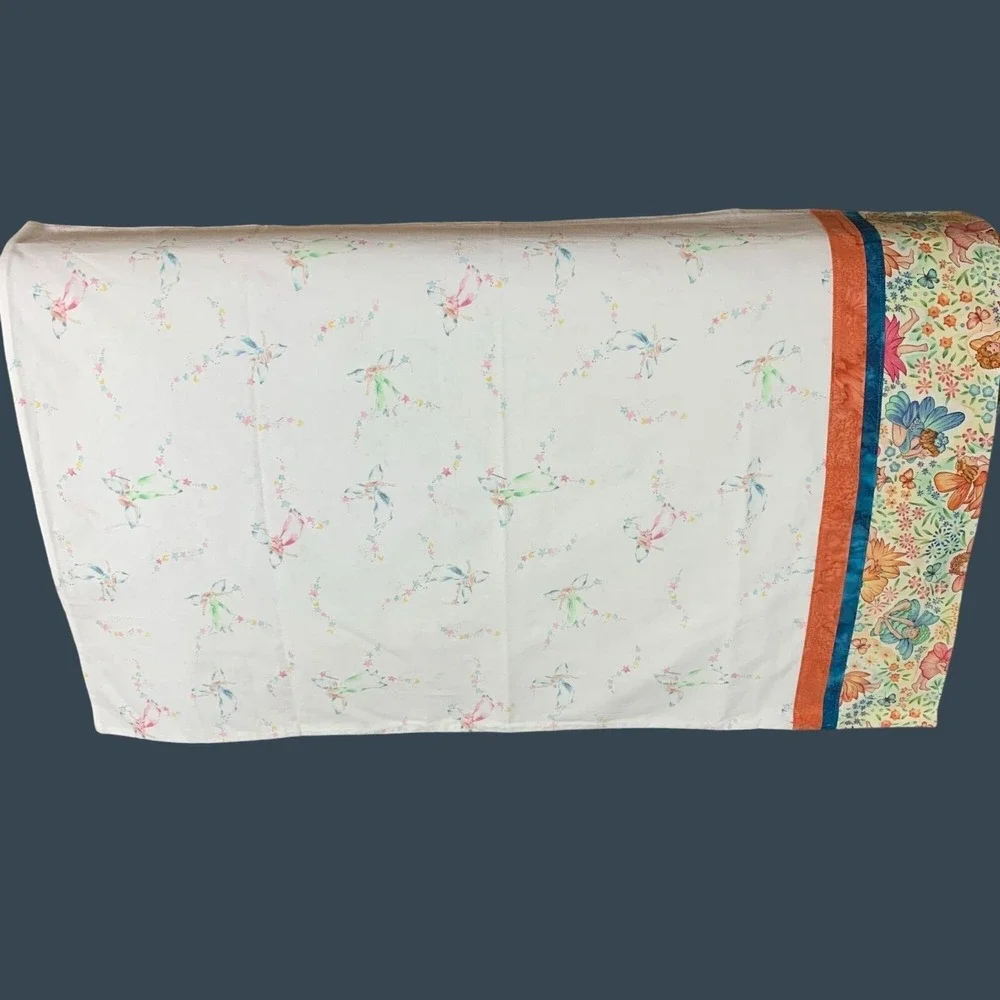 2 Homemade Whimsical Floral Fairy Print Pillowcases Orange Blue Trim Std/Queen